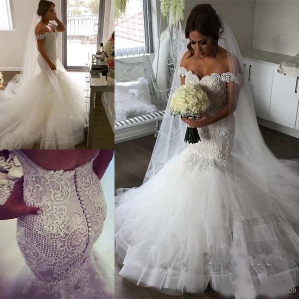 

2020 custom made off-shoulder mermaid wedding dresses lace appliques back with button bridal dresses fashion wedding gowns, White