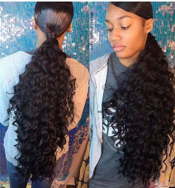 

160g human hair deep wave ponytails hairpieces wrap around wavy curly ponytail drawstring clip on pony tail 4 colors available 1pcs, Black