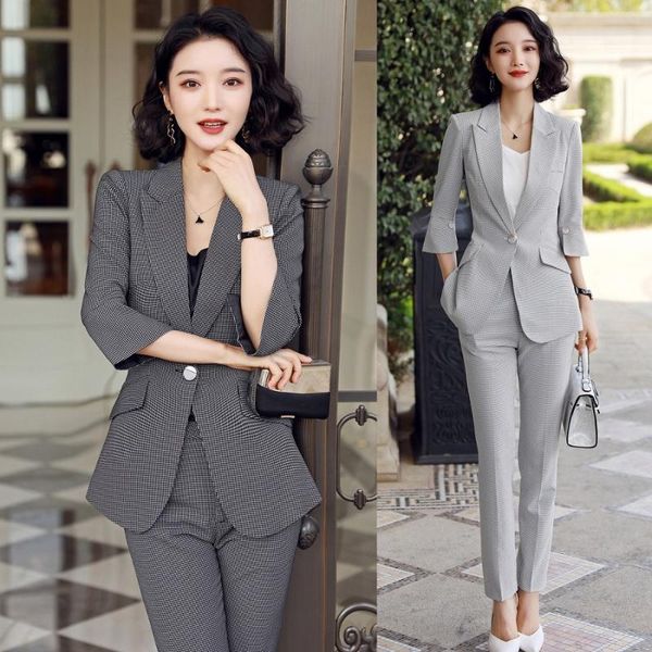 

fashion casual office ladies grey blazer for women business suits pant and jacket sets work uniform styles, White;black