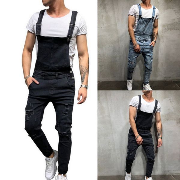 

puimentiua мужские демин комбинезон брюки джинсы мода ripped pants streetwears проблемные denim bib комбинезоны мужской suspender, Black