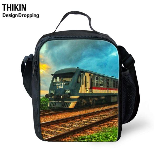 

thikin causal landscape train pattern travel women large capacity thermal grocery tote school lunch bag for kids boys girls gift, Blue;pink