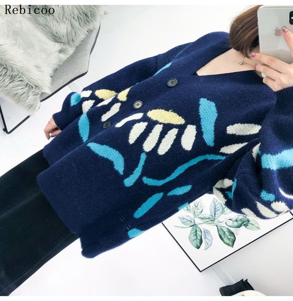 

net red self made autumn new style retro contrast color v-neck small daisy jacquard sweater cardigan coat girl, White