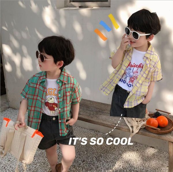 

2020 new girls boys plaid shirt short sleeve summer cotton cool fashion kids 2-8t qa852, White;black
