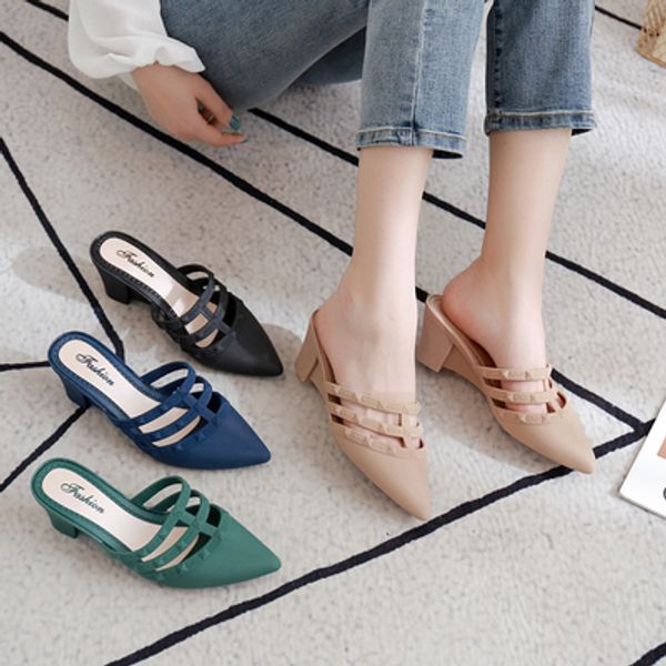 

2020 new summer baotou wear slippers women rivet middle heel fashion semi-trail wedge heel plastic waterproof sandals and slippe, Black