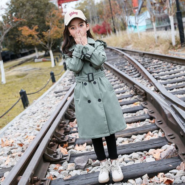 

girl's spring new solid color trench coat girl western style long trench coat girl minimalist stylish jacket, Blue;gray