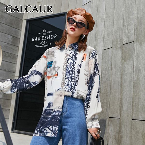 

galcaur print hit color shirt for women lapel collar long sleeve oversize casual autumn blouse female 2019 fashion clothes new, White
