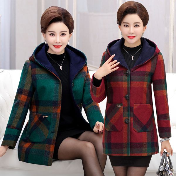

elegant women blazer plus-size coat female spring-fall 5xl plaid woolen coat hooded womens imitation cashmere coats new k4439, Black