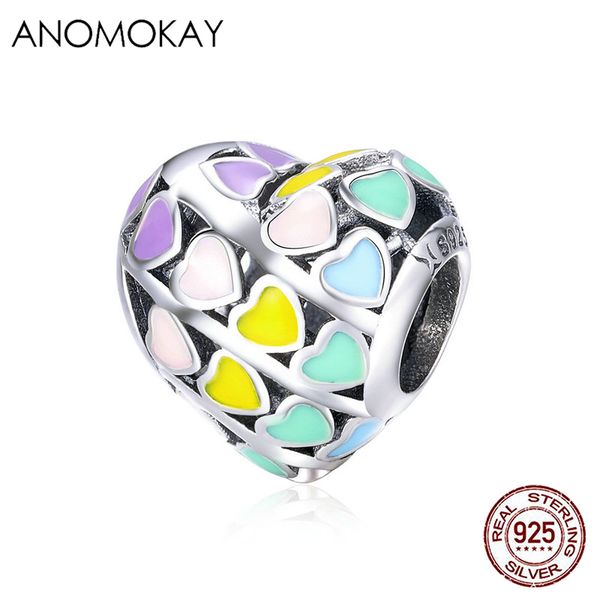 

anomokay lovely 925 sterling silver colorful rainbow heart enamel charms fit bracelet bangle s925 love beads for women jewelry