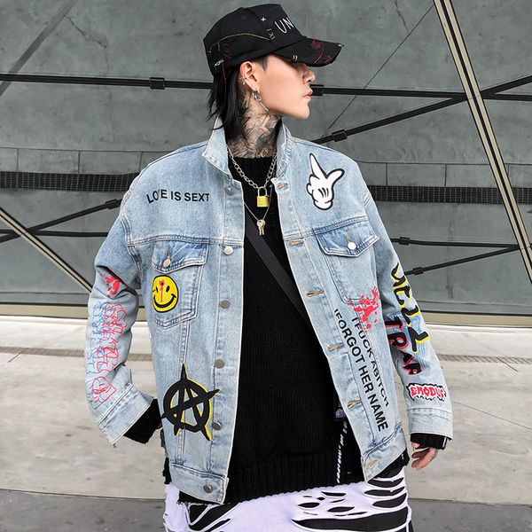 

autumn 2019 men harajuku hip hop jeans coats male jacket oversize cotton fashion swag smiling face denim streetwear us size s-xl, Black;brown
