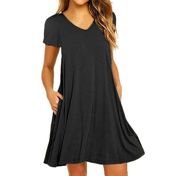 

februaryfrost plus size women summer casual short sleeve solid color beach dress with pockets deep v-neck loose pleated cotton mini dress, Black;gray