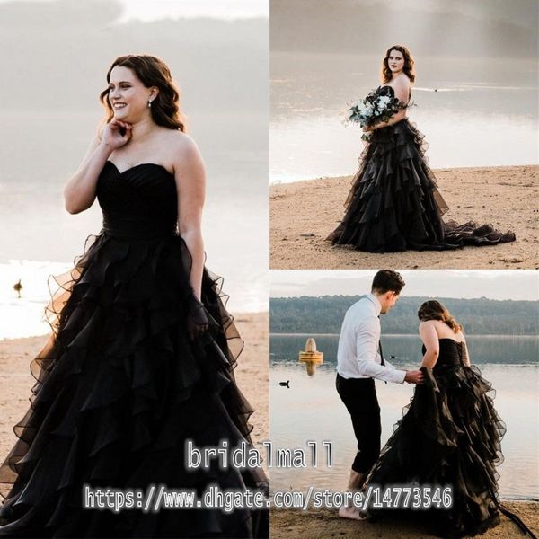 

robes de mariÃ©e 2020 arabic gothic black beach wedding dresses tiered ruffles skirts a-line bohemian bridal gowns plus size vestido de novia, White
