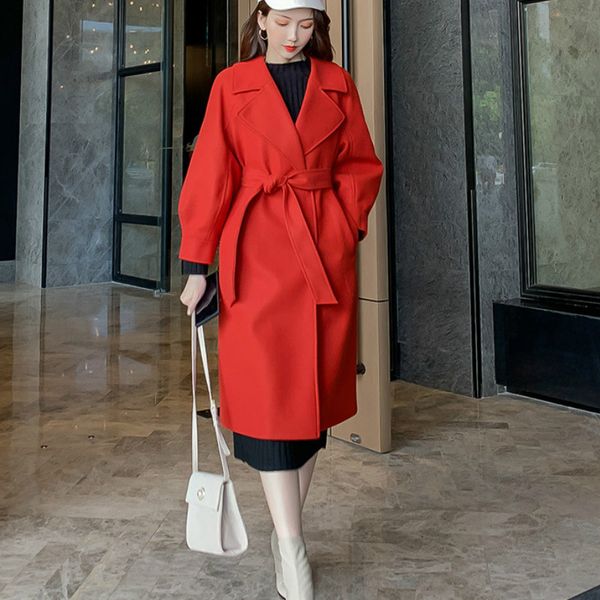 

women wool blends turn down collar belt long coats elegant ladies slim pink red black wool jacket winter female thick coat