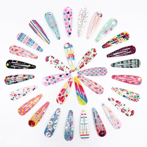 

30pcs/lot 5cm girls hair clips flower rainbow printed bb hairgrip metal snap hairpin heart hair accessories drop alloy headdress, Slivery;white