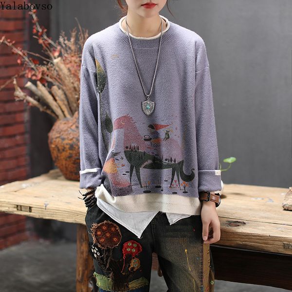 

2019 autumn new knitted pullover cartoon printed coloured sweater o neck loose sweater female irregular sweaters vintage a0bz4, White;black