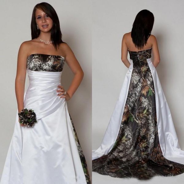 

New Arrival Country Camo Wedding Dresses with Pleats Empire Waist A line Sweep Train Camouflage 2019 Strapless Bridal Gowns