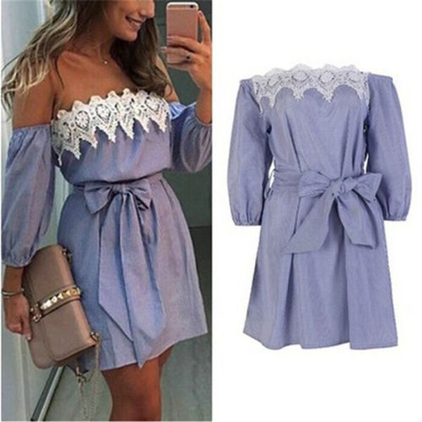 

Sexy Slash Neck Off Shoulder Women Lace Dress Striped long sleeve street design ladies summer fashion casual dress vestidos