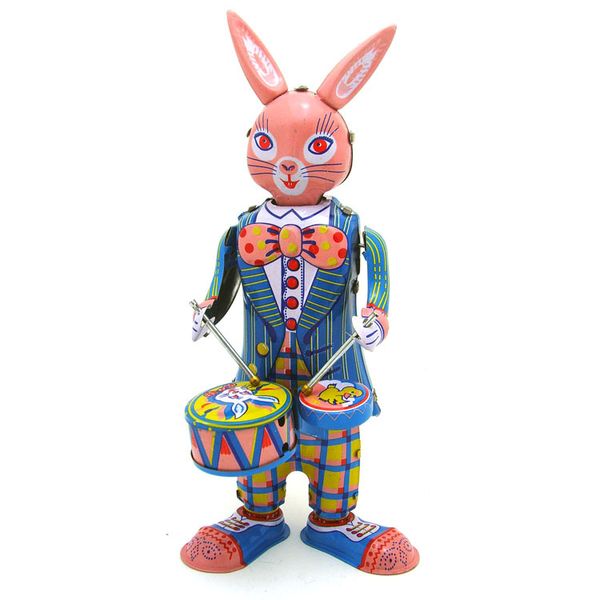 Bunny Tinplate Retro Wind Up Toy, кролик кукла бить барабан, ностальгический индивидуальный орнамент, для детского дня рождения рождественского подарка, коллекционирование, 2-1