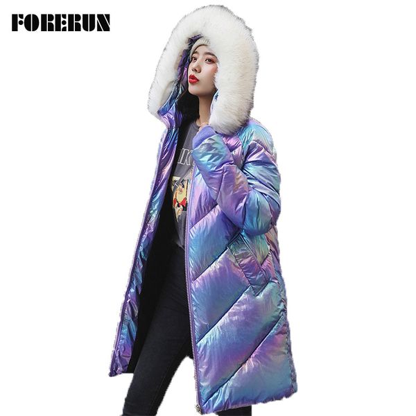 

forerun winter coat women big fur collar hooded long jacket bright color parka cotton padded jackets abrigos mujer invierno 2019, Black