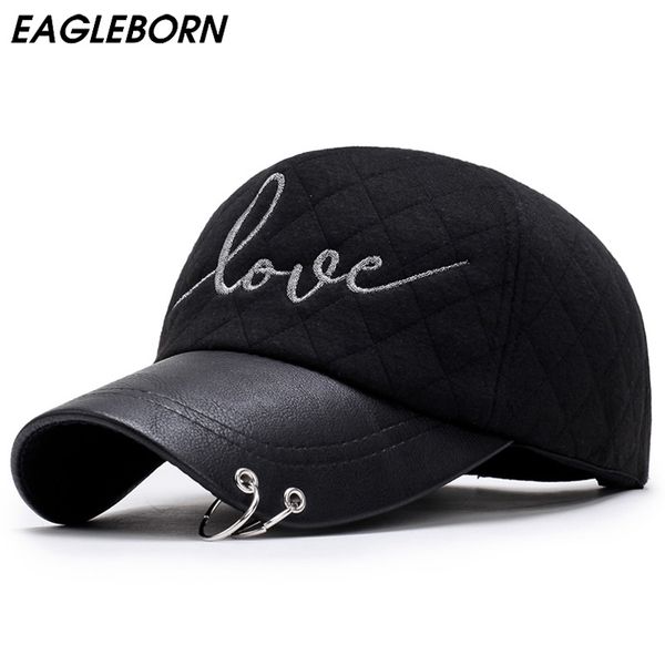 

2019 eagleborn brand new woman autumn winter baseball cap love letter embroidery love iron ring decoration girl hat ring hat, Blue;gray