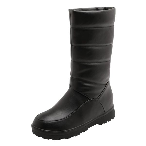 

women winter snow boots with round toe slip-on plush mid-calf boots fashion casual shoes, Black