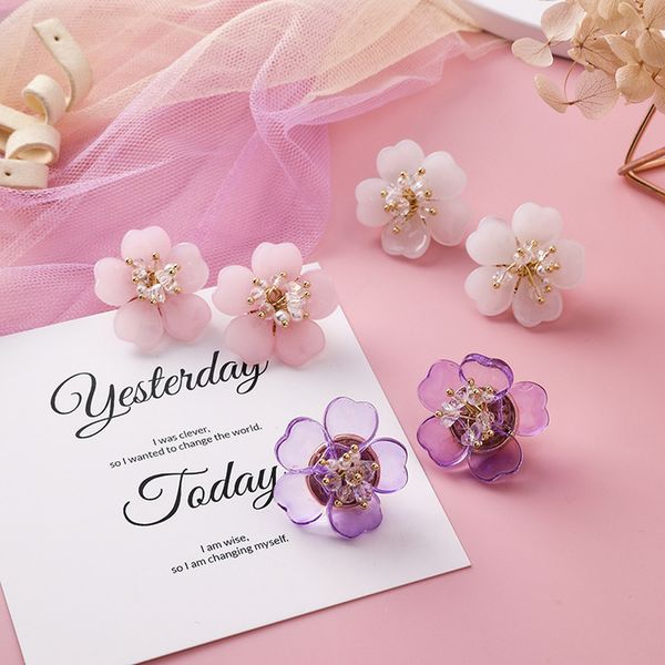 

korea style silver pin fashion acrylic imitation pearl crystal flower stud earrings for girl women jewelry accessories wholesale, Golden;silver