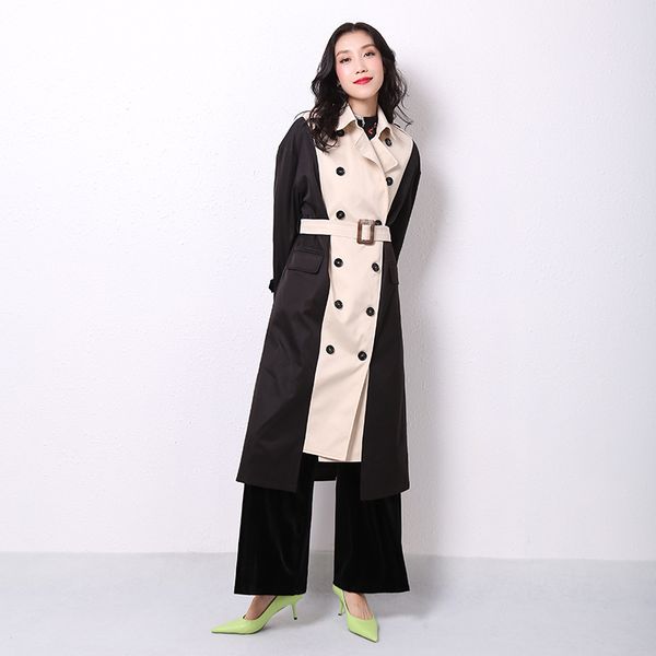 

colorblock patchwork elegant ladies streetwear long coat double breasted lapel collar contrast colar windproof women overcoat, Tan;black