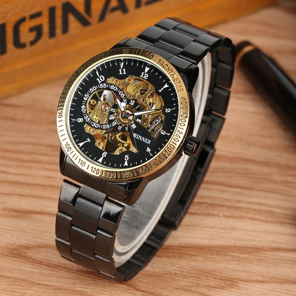 

t-победитель роскошный золотой скелет автоматические механические часы мужские полный из нержавеющей стали группа top brand man часы мужские, Slivery;brown
