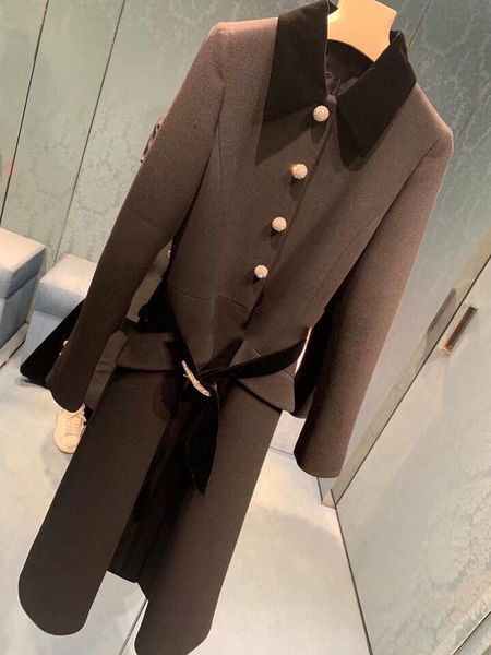 

brand fashion women's high-end luxury winter elegant velvet collar belt rhinestone buckle wool coat, Black