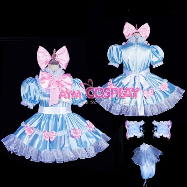

lockable sissy maid blue satin dress cosplay costume, Black;red
