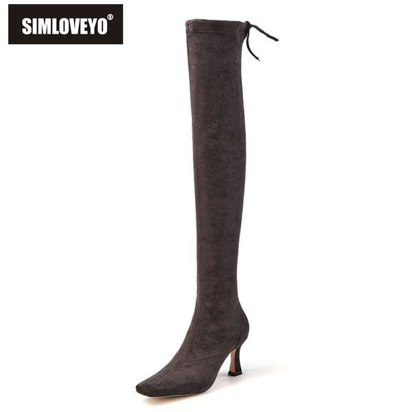 

simloveyo 2020 winter leather over the knee women boots stretch fabrics high heel slip on zipper pointed toe woman long size 43, Black