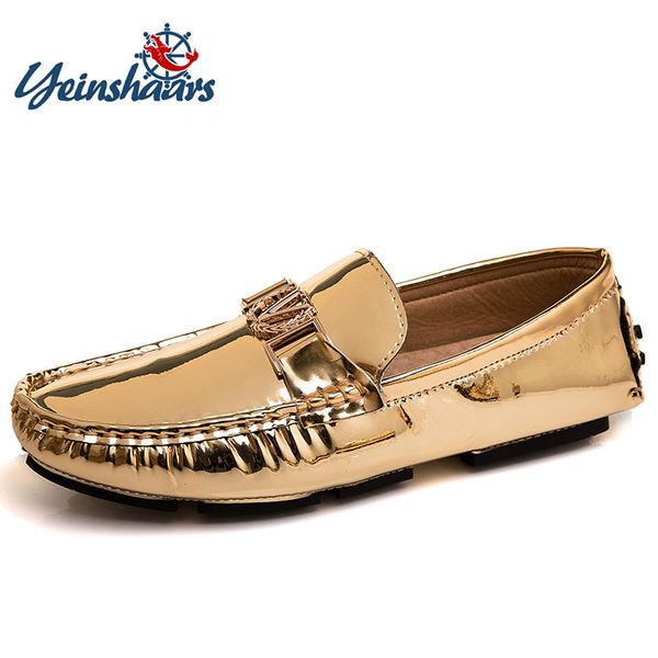 

yeinshaars new arrival loafers men golden silver bright male shoes lightweight party nightclub focus shoes flat comfy drive shoe, Black