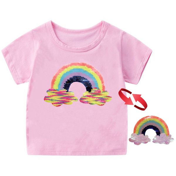 

2019 summer tee girl shirts change color sequin rainbow short sleeve girls t shirt for girls 3-12 t kid clothes tshirt, Blue