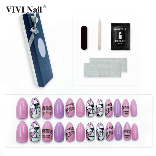 

press on simple stiletto false nail 24pcs purple fake nails tool nail art, Red;gold