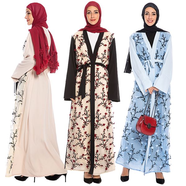 

embroidery muslim women open abaya full dress s-2xl plus size islamic women floral evening dresses with belt, Red
