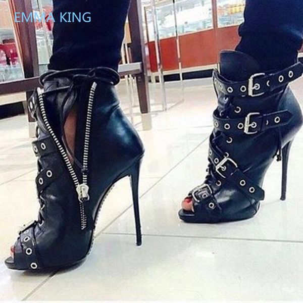 

2019 buckle rivets women summer punk boots peep toe black leather high heels ladies gothic shoes woman runway ankle boots