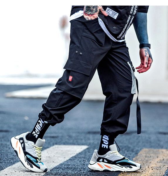 

карманы грузовые брюки mens casual гарем joggers багги harajuku streetwear хип-хоп моды swag тактический брюки kj64, Black