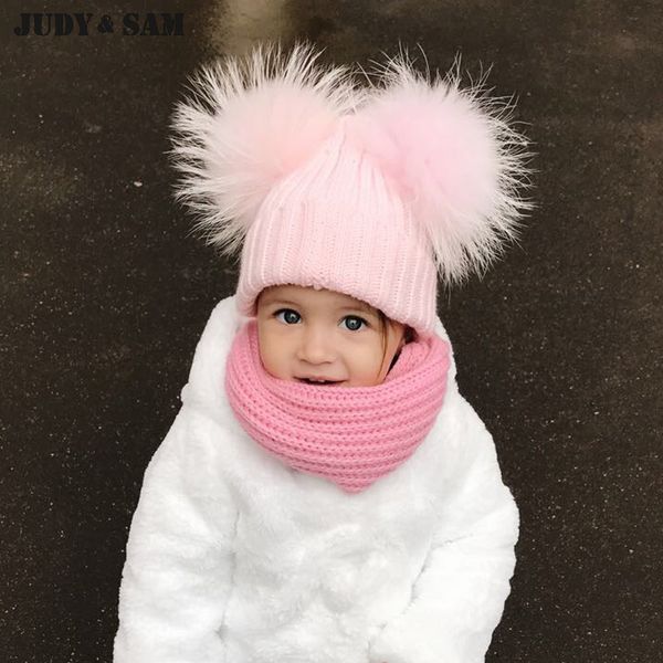 

winter children wool blend hat for kids with real raccoon fur pom poms beanies apparel accessories for boys girls