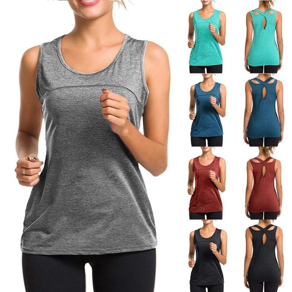 

fashion women's solid colors sleeveless vest activewear loose running workouts cross back sports tank plus size#p3, White