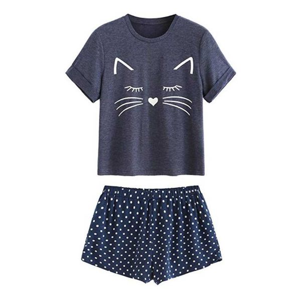 

женские повседневный cat шорты с коротким рукавом ruffled футболка пижамы пижамы комплект pijama mujer invierno женщины пижамы горячие прода, Blue;gray
