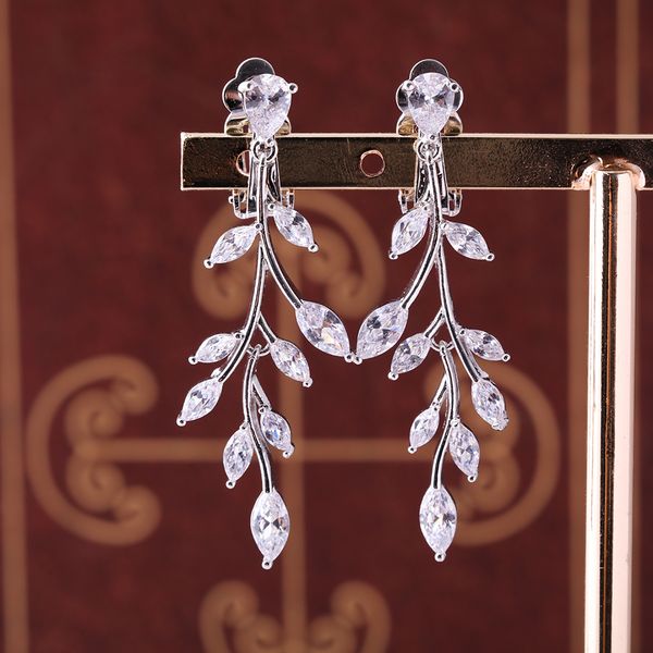 

zircon plant design drop earrings women fashion ear clip cubic zirconia long dangle earring party wedding ear jewelry ornaments, Silver