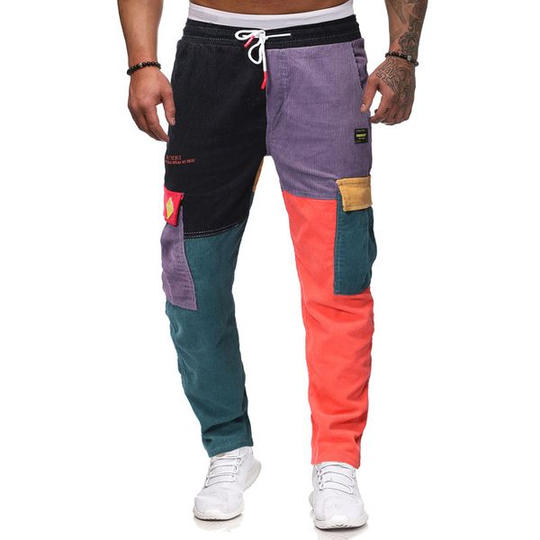 

men corduroy patchwork pockets cargo pants harem joggers harajuku sweatpants hip hop streetwear trousers, Black