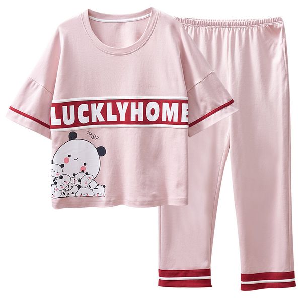 

summer pajamas 100%cotton cartoon letter women pajama sets short +long pants sleepwear round neck casual girls pijama, Blue;gray