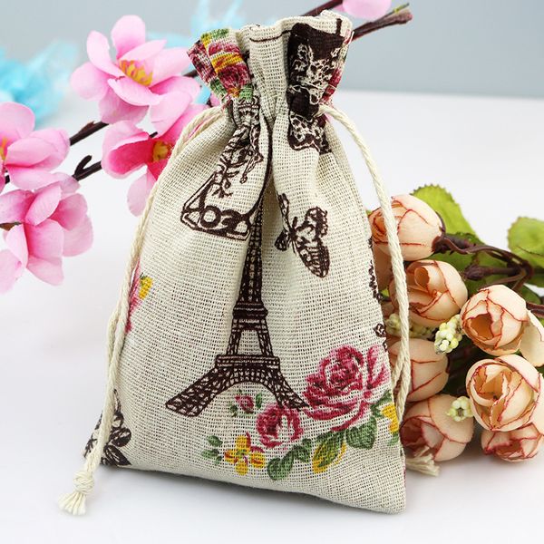 

50pcs 10x14cm natural organic muslin cotton drawstring bag eiffel tower printed rope bag for wedding festive party supplies