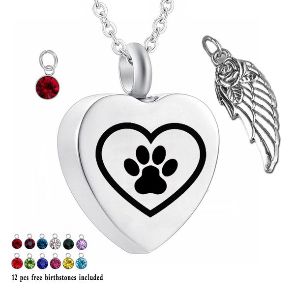 Pet Paw print 12 Piece Birthstone Crystal Urn Collana Heart Memorial Keepsake Ciondolo Ash Cremation Jewelry for Ashes