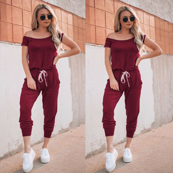 

fashion womens off shoulder short sleeve playsuit ladies casual long jumpsuit 3ee, Black;white