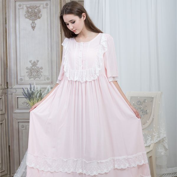 2019 Loose Nightgown Women Round Neck Nightgowns Lace Fashion Vintage Sleepwear Homewear Nightdress Ankle Length Dress 115cm Bust T200111 From Xue01