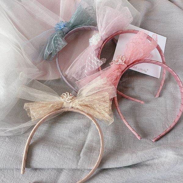 

the new korea style headdress cute hair band sweet crystal bead flower mesh bow hairbands for children's hair accessories, Slivery;white