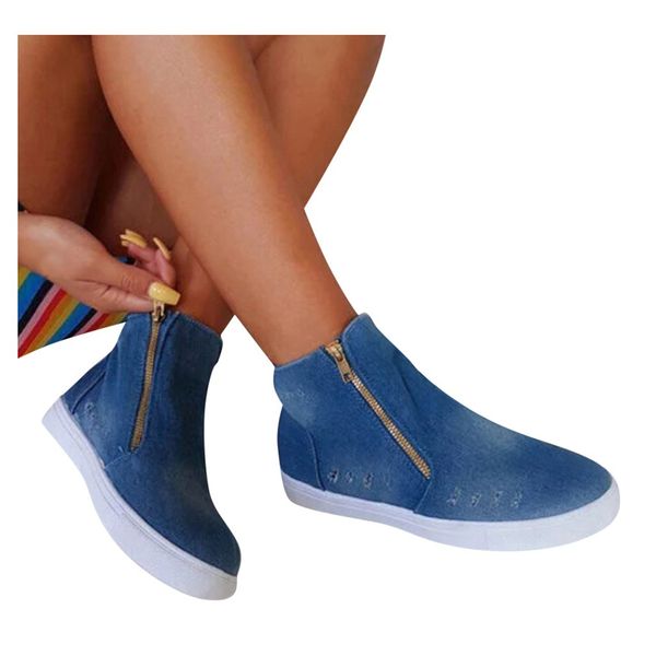 

sagace ladies flat shoes vintage denim zipper short boots shoes plus size casual round toe women flat casual, Black