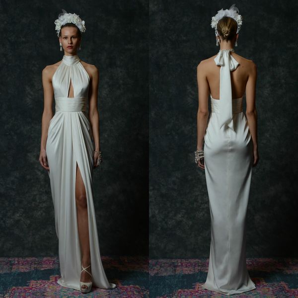

2020 naeem khan wedding dresses high neck halter front split long bridal gowns robes de mariÃ©e floor length trumpet wedding dress, White