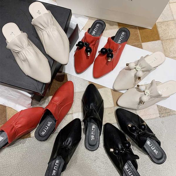 

string bead pointed toe low loafers flat shoes female womens slippers outdoor pantofle mules luxury slides 2020 designer, Black